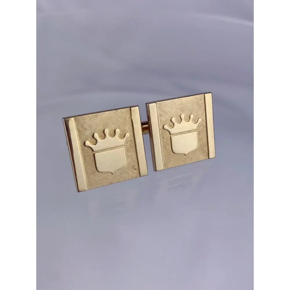 Crown Shield Coat of Arms 12k Gold Plate Cufflinks Simple Crest Heraldry VTG O1